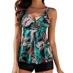 NWT ~ Women's Black & Green Tropical Tankini & Tummy Control Boy Shorts ~ XL